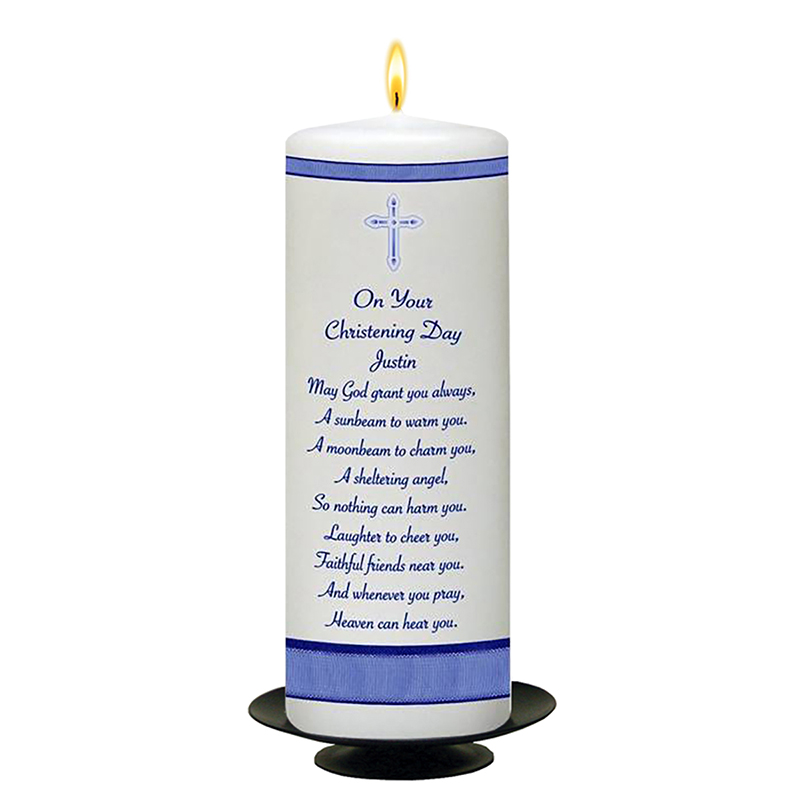Personalised Boys Christening Candle - Diamante & Cross Blue