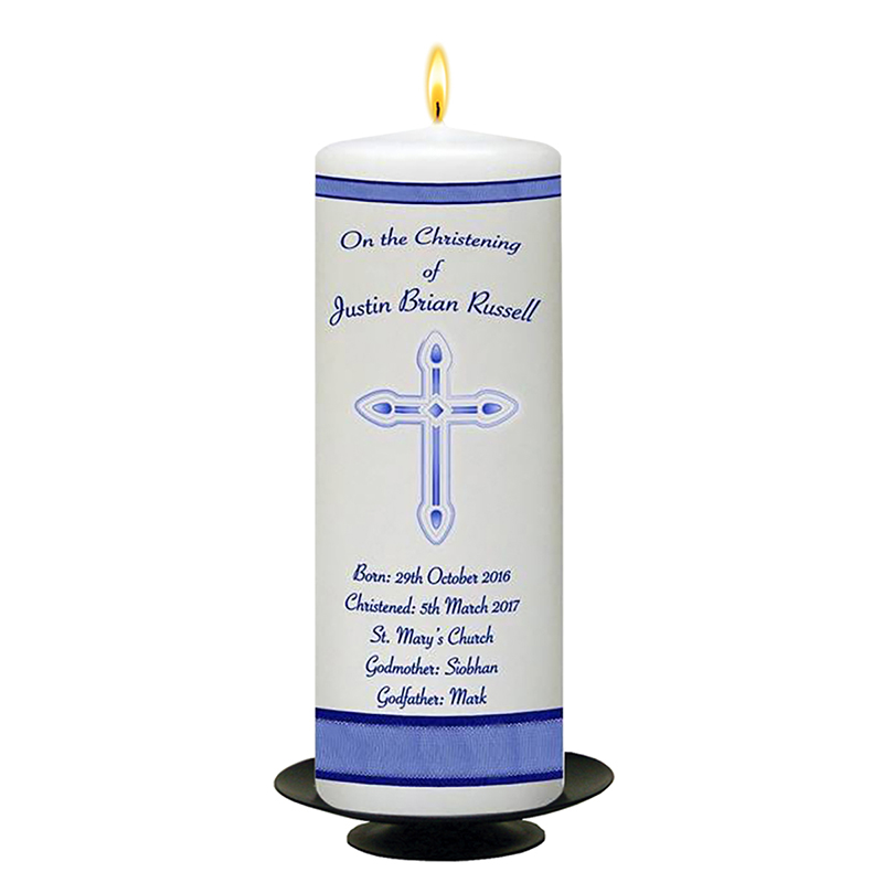 Personalised Boys Christening Candle - Diamante & Cross Blue