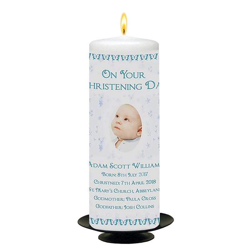 Personalised Boys Christening Candle - Butterfly & Feather Blue with Photo