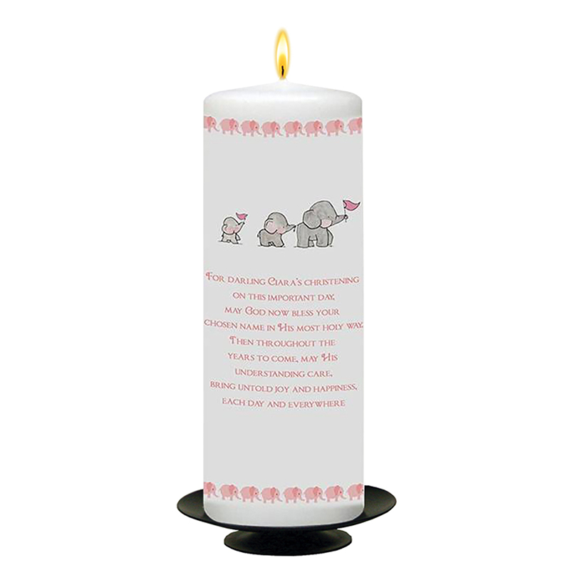 Personalised Girls Christening Candle - Elephant Family Pink with Photo