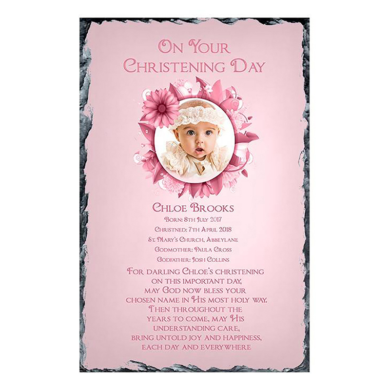 Personalised Girls Christening Candle -Flower Pink Ring with Photo