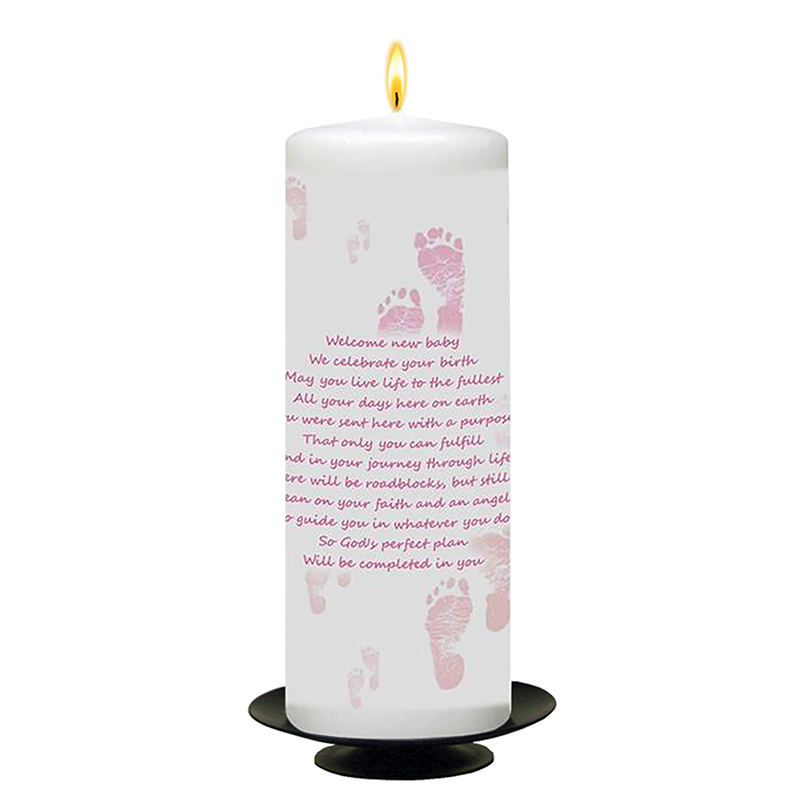 Personalised Girls Christening Candle - Feet Pink Border & Frame with Photo