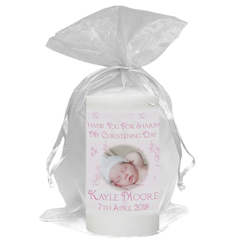 Personalised Girls Christening Candle - Butterfly & Feather Pink with Photo