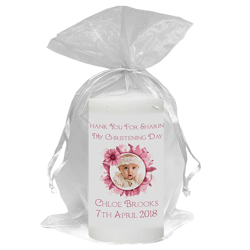 Personalised Girls Christening Candle -Flower Pink Ring with Photo