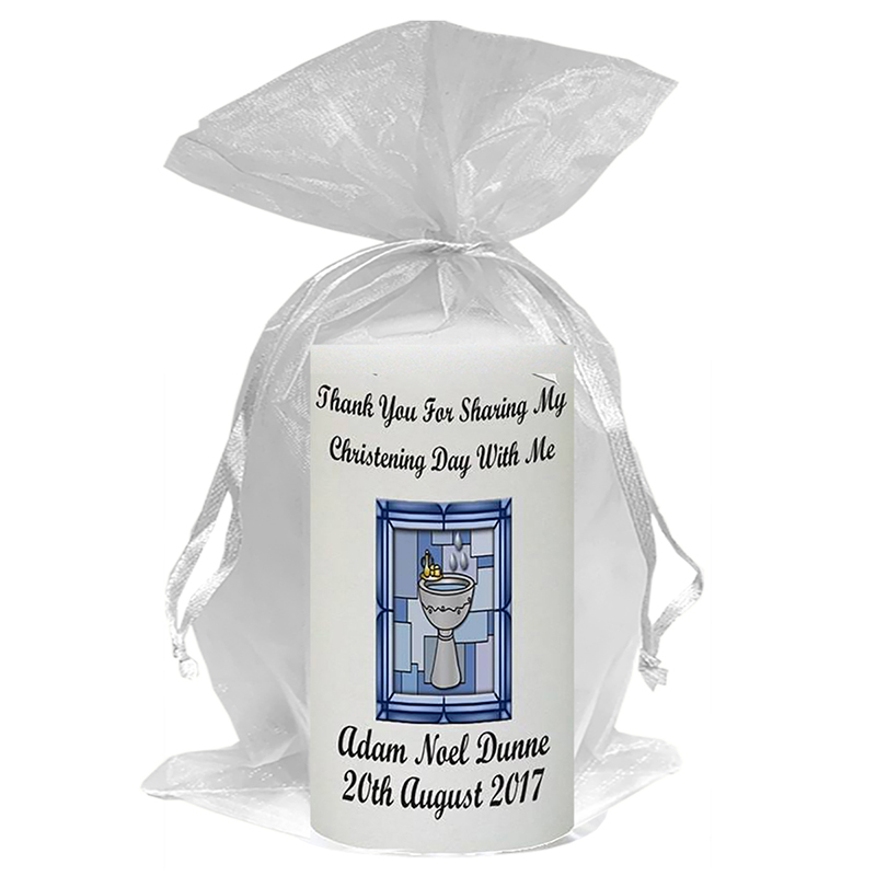 Personalised Boys Christening Candle - BCC Blue Cross Font & Dove
