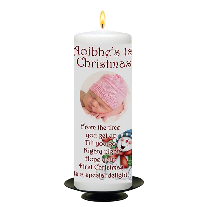 Personalised Babys 1st Christmas Candle - Jolly Snowman