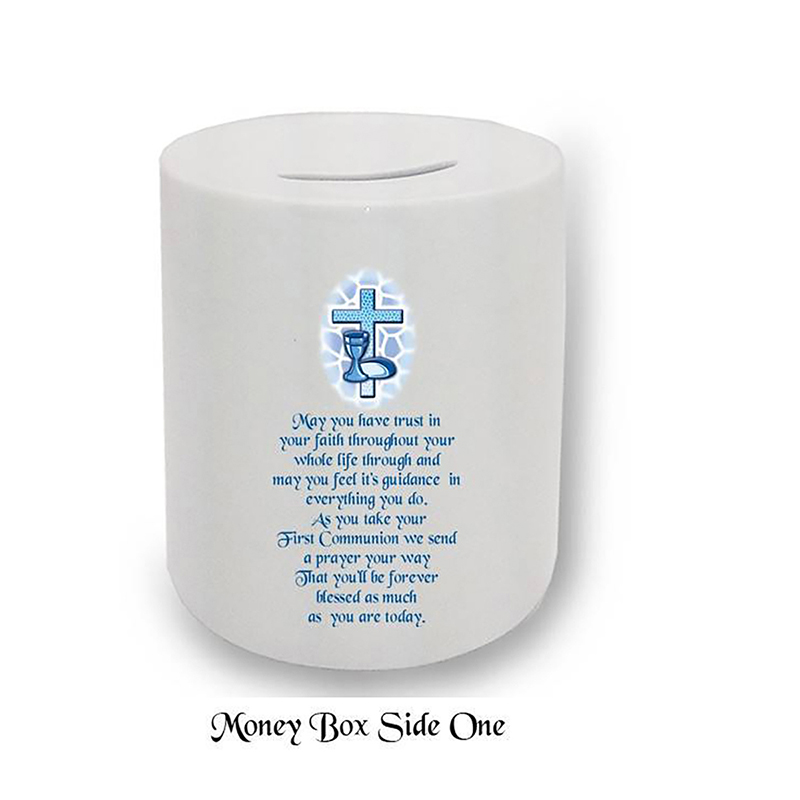 Personalised Money Box Gift - Cross & Chalice Blue