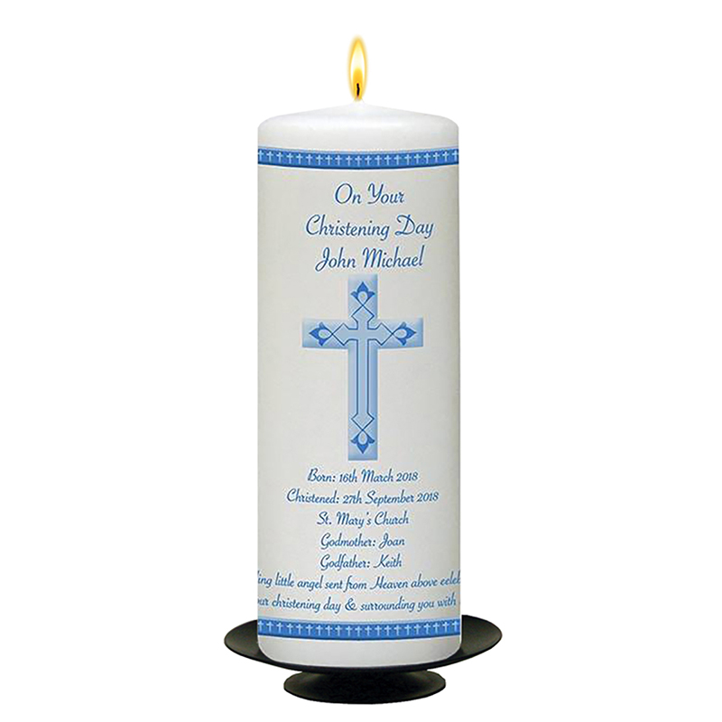 Personalised Boys Christening Candle - Modern Blue Cross