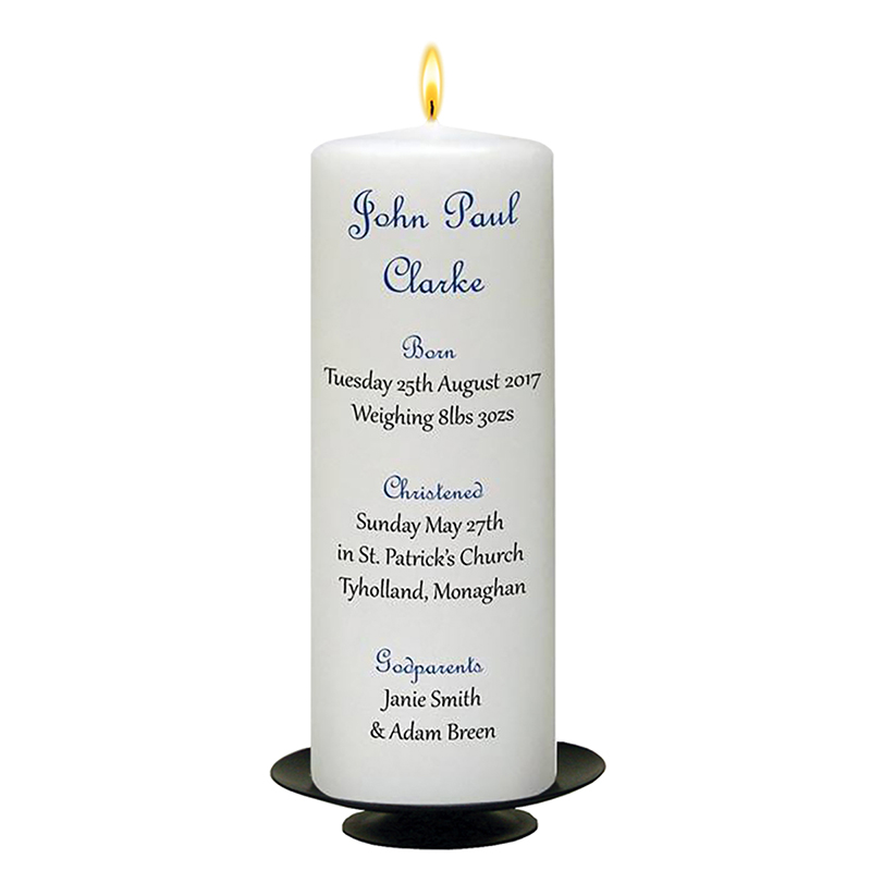 Peronsonalised Boys Christening Candle - French Script Blue