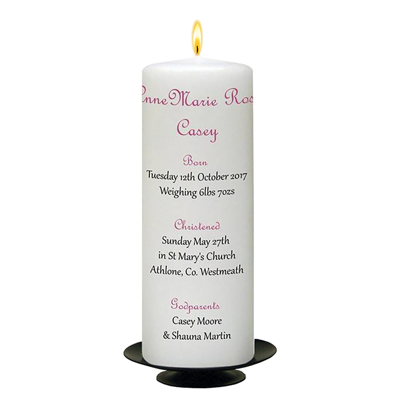 Personalised Girls Christening Candle - French Script Pink