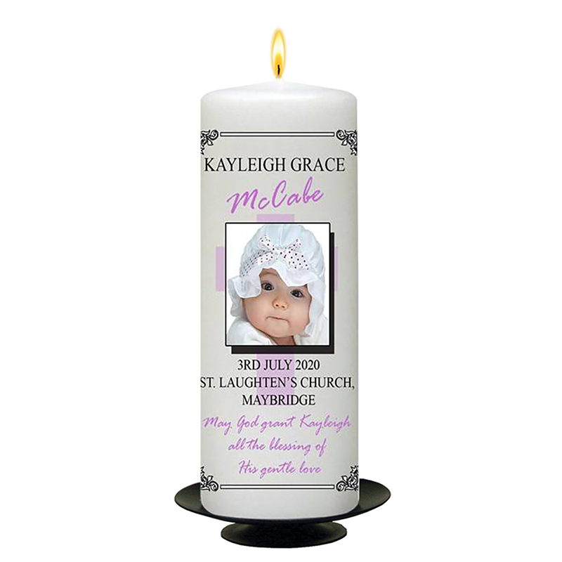Personalised Girls Christening Candle - Cross & Shadow Pink with Photo