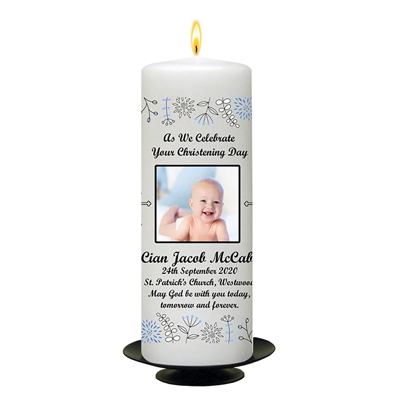 Peronsonalised Boys Christening Candle - Flower Art & Blue Crosses with Photo