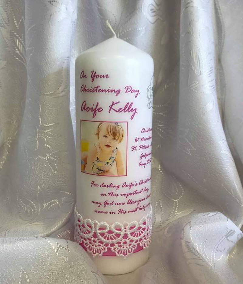 Personalised Girls Christening Candle - Baby Elephant Lace Pink with Photo