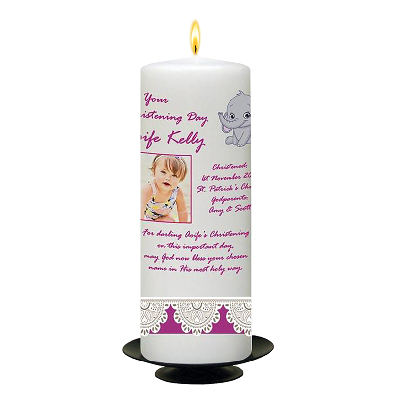 Personalised Girls Christening Candle - Baby Elephant Lace Pink with Photo