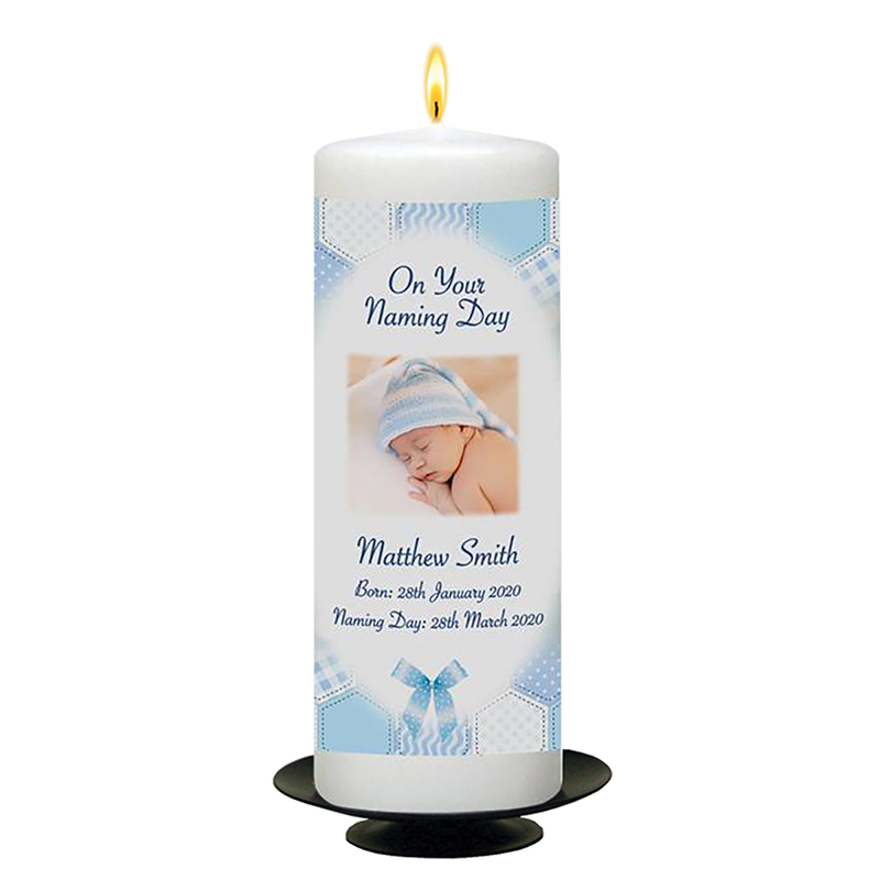 Personalised Naming Day Candle Gift - Dots & Ribbon Blue with Photo