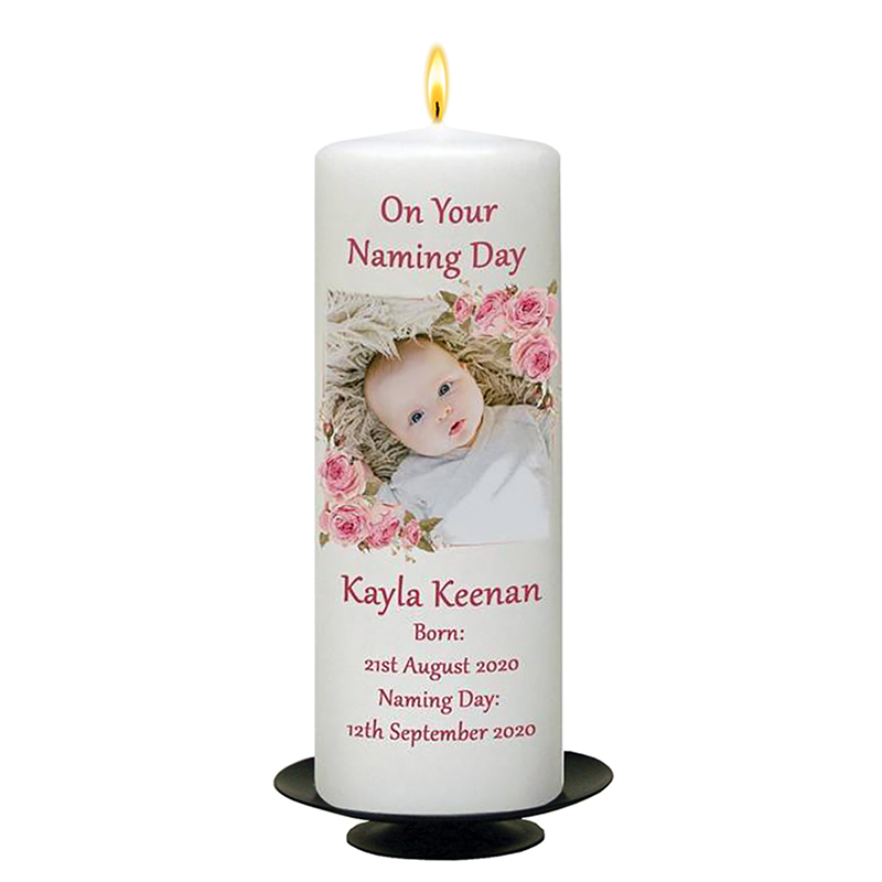 Personalised Naming Day Candle Gift - A Pair of Booties Pink with Photo