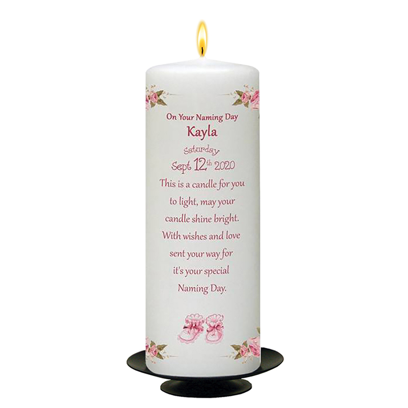 Personalised Naming Day Candle Gift - A Pair of Booties Pink with Photo