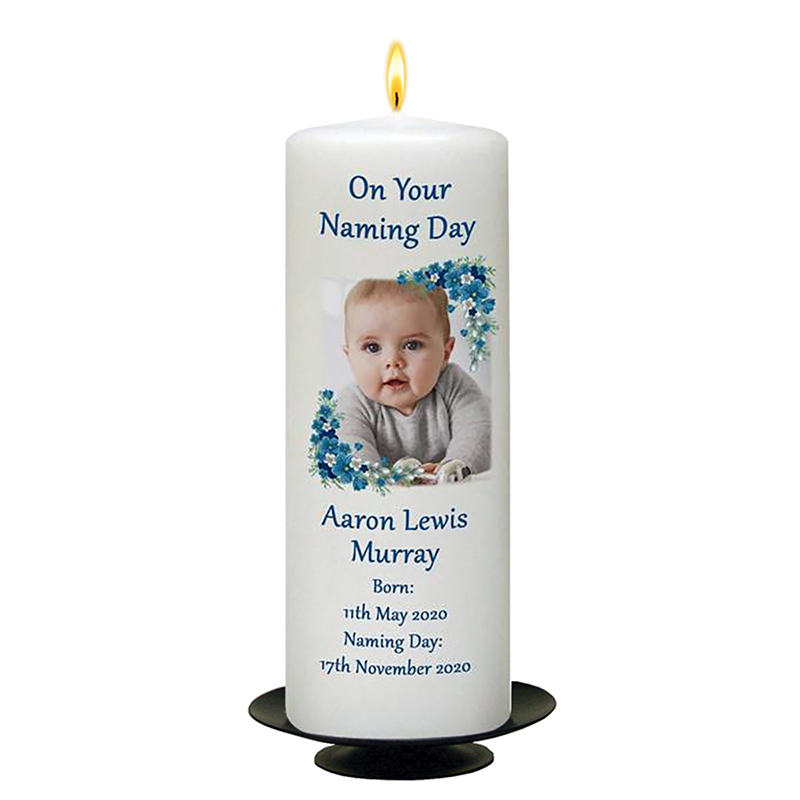 Personalised Naming Day Candle Gift - A Pair of Booties Blue with Photo