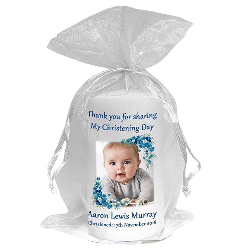 Thank you Christening Favour - A Pair of Booties & Flower Border Blue with Photo