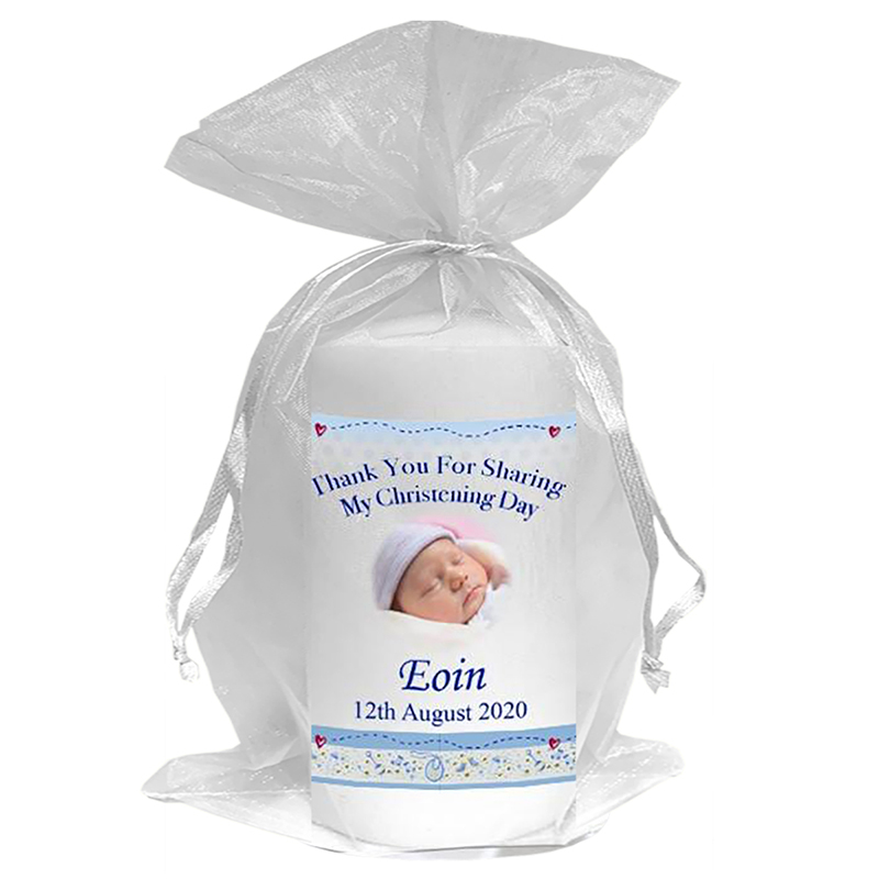 Personalised Boys Christening Candle - Teddy & Quilt Blue with Photo