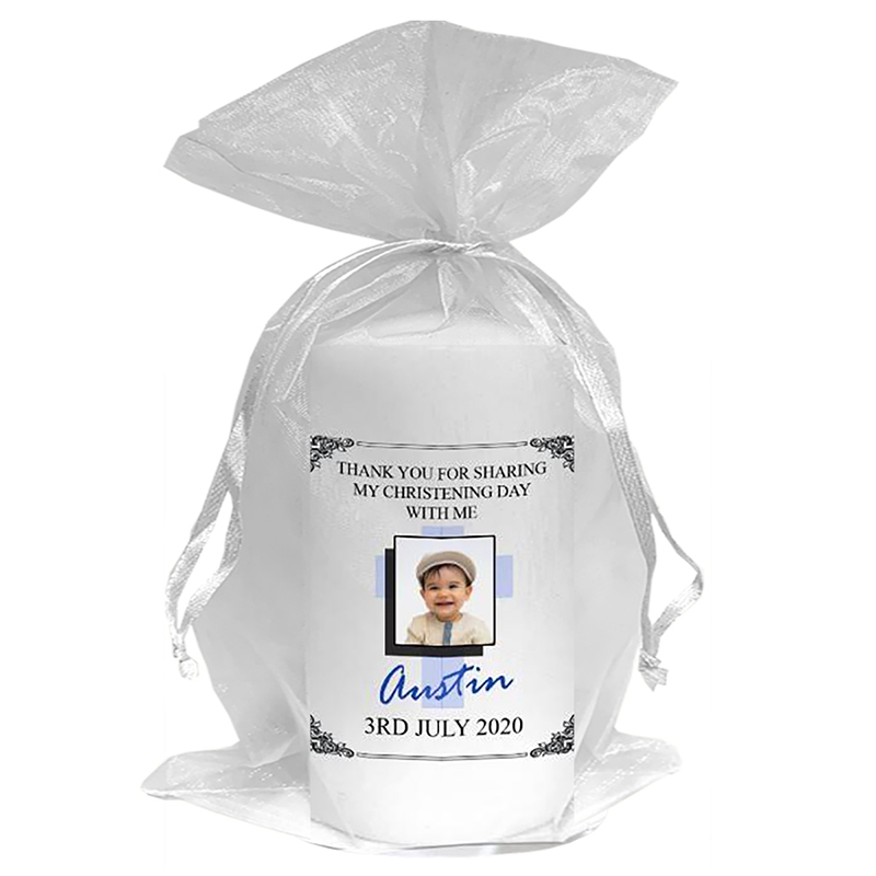 Peronsonalised Boys Christening Candle - Cross & Shadow Blue with Photo