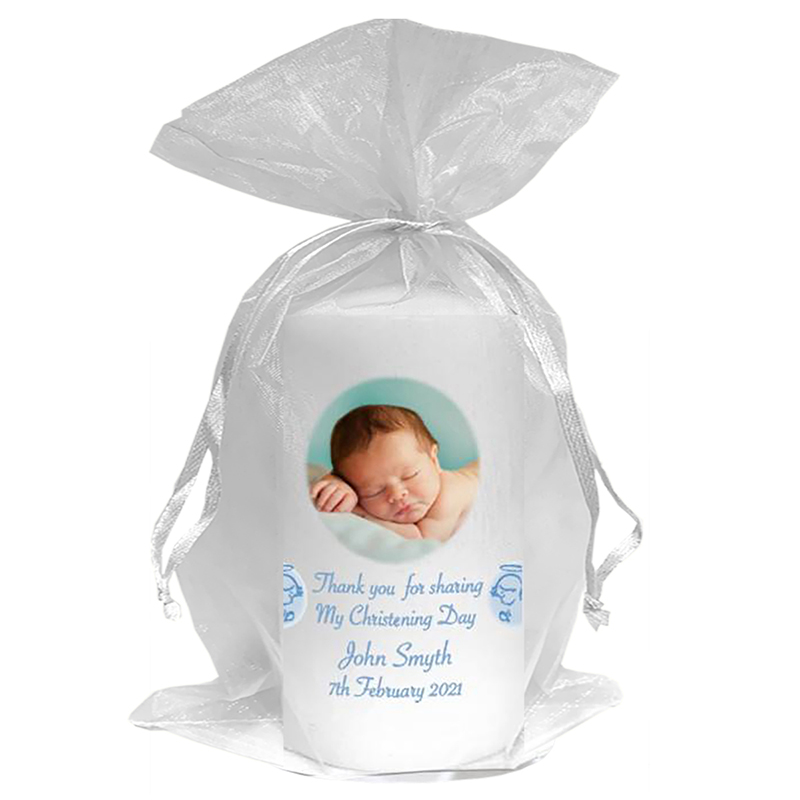 Personalised Boys Christening Candle - Angel Blue with Photo