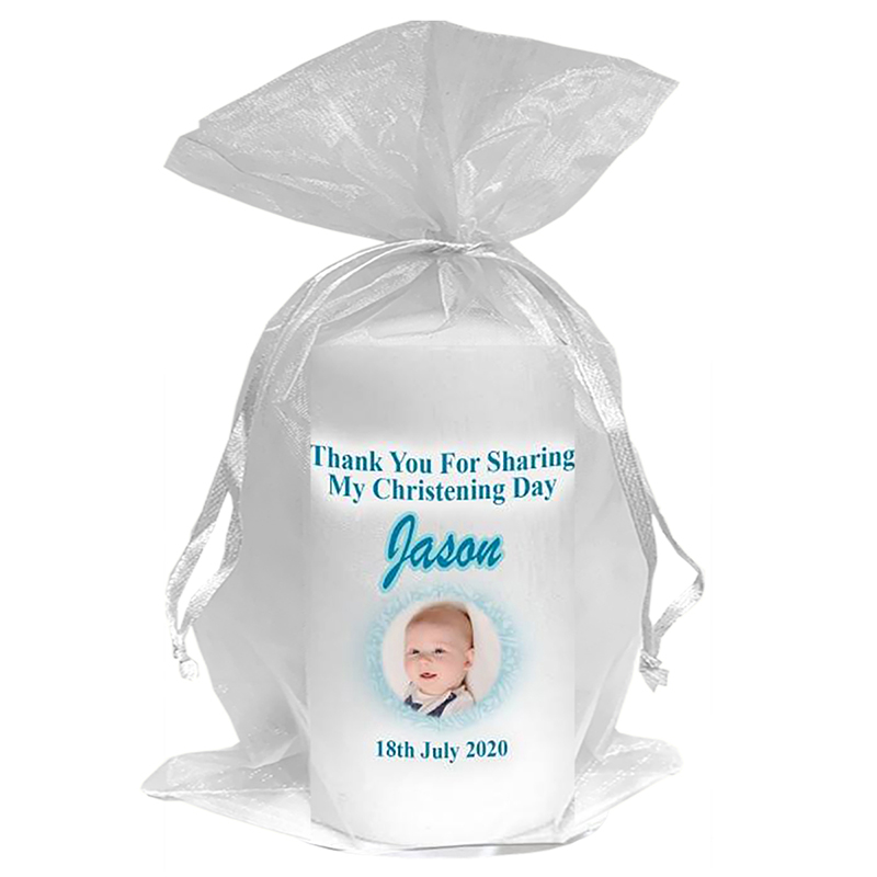 Personalised Boys Christening Candle - Teddy & Pram Lace Blue with Photo