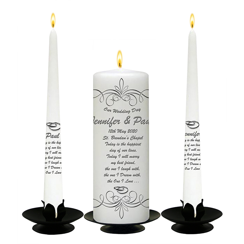 Personalised Wedding Candles - Ornate Swirls & Silver Rings