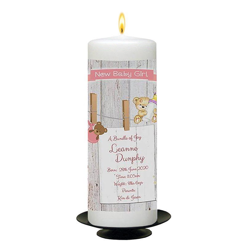 Personalised New Baby Candle Gift - Girl Toys & Pegs with Photo