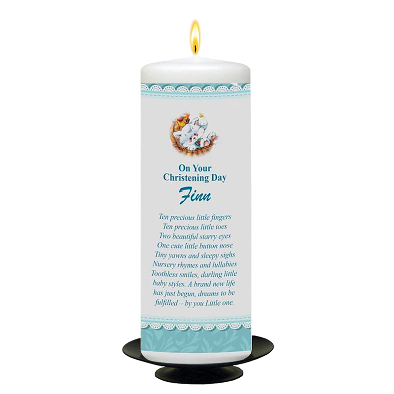 Personalised Boys Christening Candle - Teddy & Pram Lace Blue with Photo