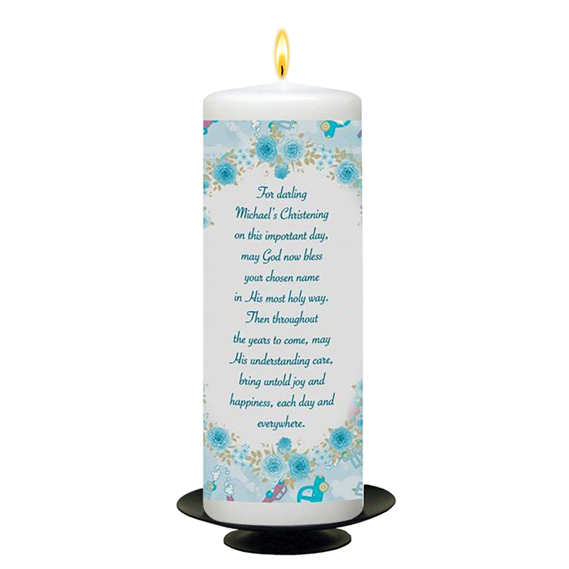 Personalised Boys Christening Candle - Bear & Sleeping on Moon Blue with Photo