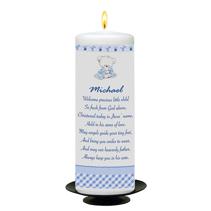 Personalised Boys Christening Candle - Hush Teddy Blue with Photo