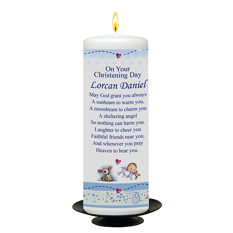 Personalised Boys Christening Candle - Teddy & Quilt Blue with Photo
