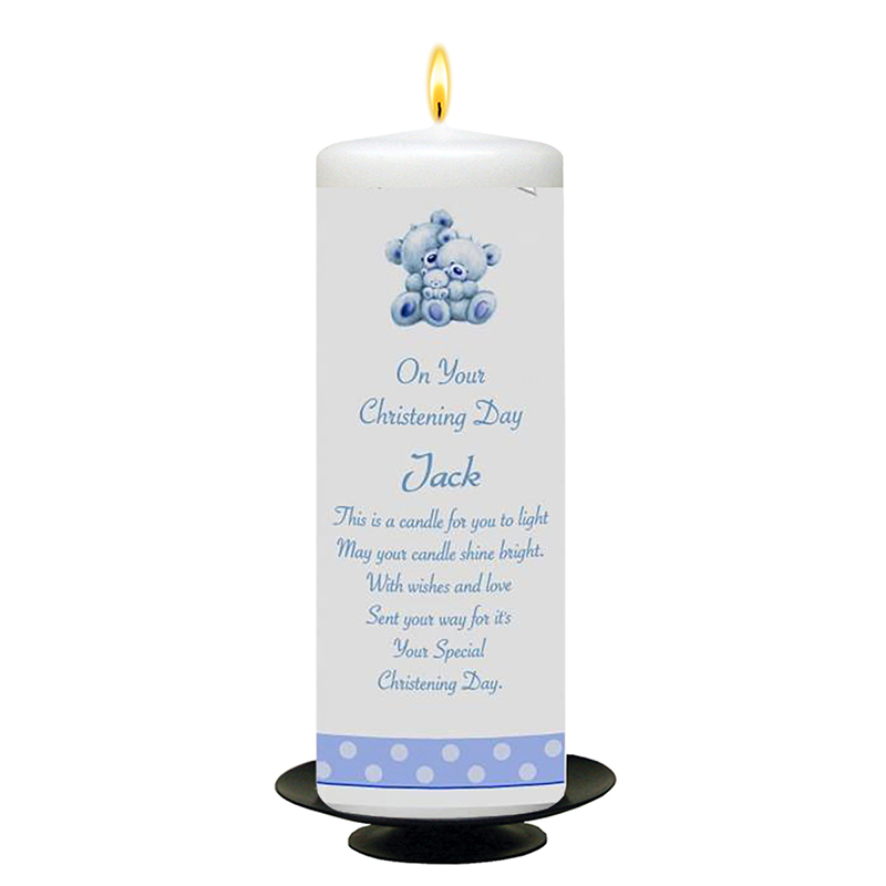 Personalised Boys Christening Candle - Teddy & Bubbles Blue