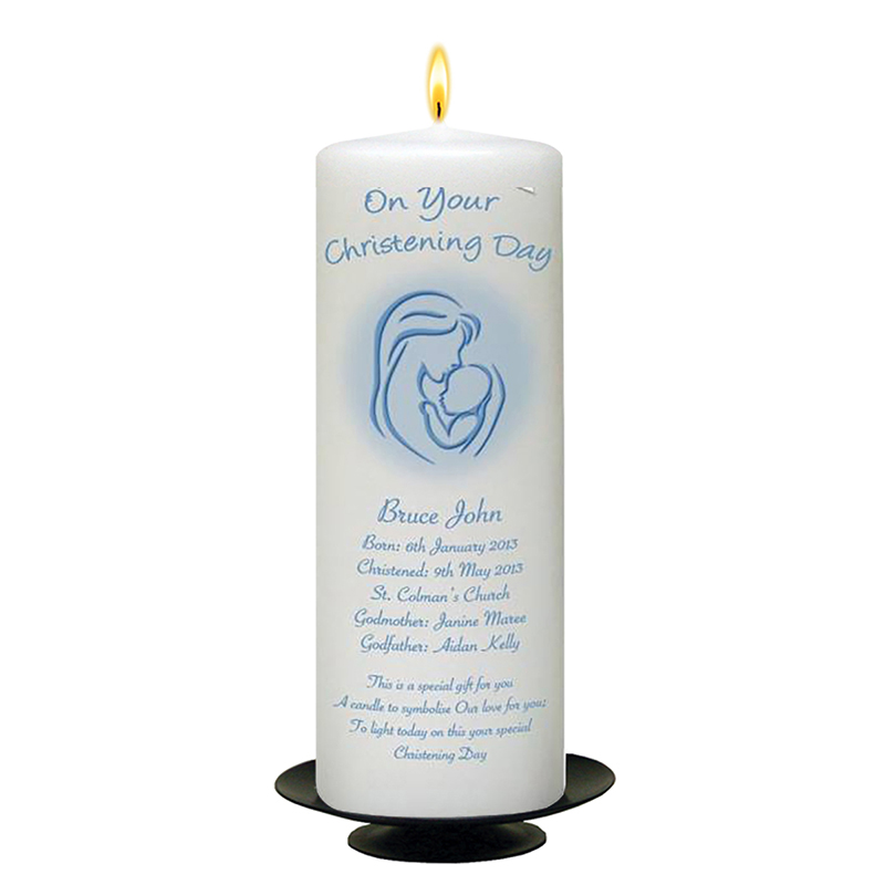 Personalised Boys Christening Candle - Mother & Child Blue