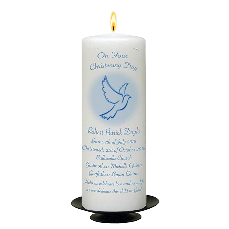 Personalised Boys Christening Candle - Flying Dove Blue