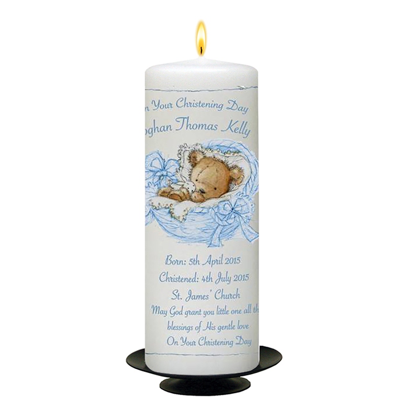Personalised Boys Christening Candle - Teddy in Basket Blue