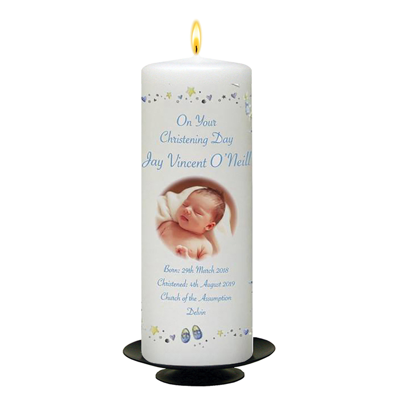 Personalised Boys Christening Candle - Stars & Hearts Blue with Photo