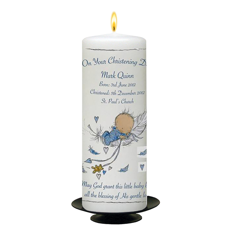 Personalised Boys Christening Candle - Feather Baby Blue