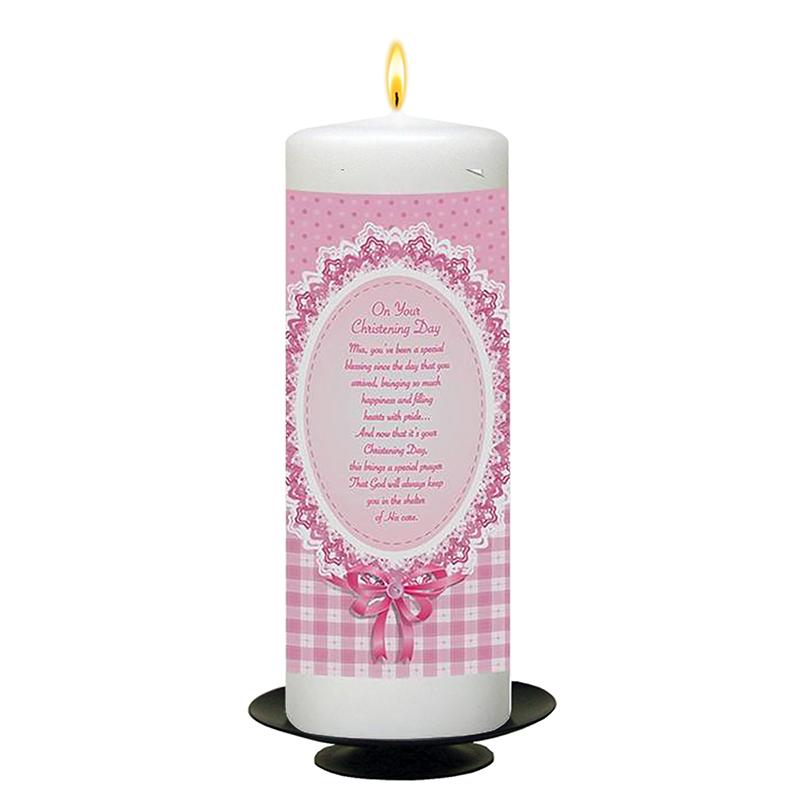 Personalised Girls Christening Candle - Gingham & Pink Lace Ornate Frame with Photo