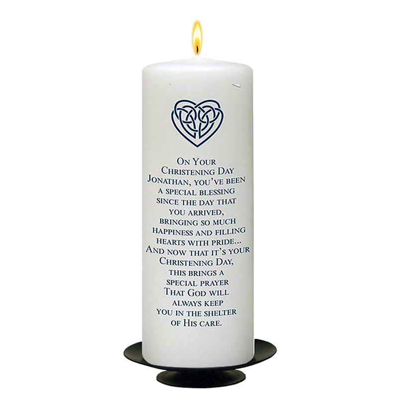 Peronsonalised Boys Christening Candle - Mothers Love Knot Blue with Photo
