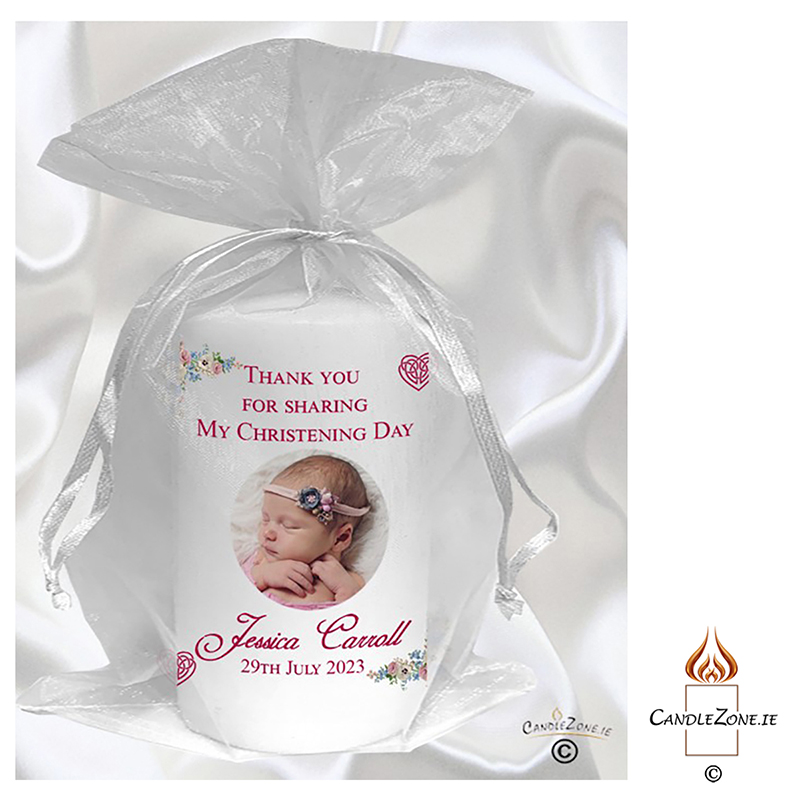 Personalised Girls Christening Candle - Mothers Love Knot Pink with Photo