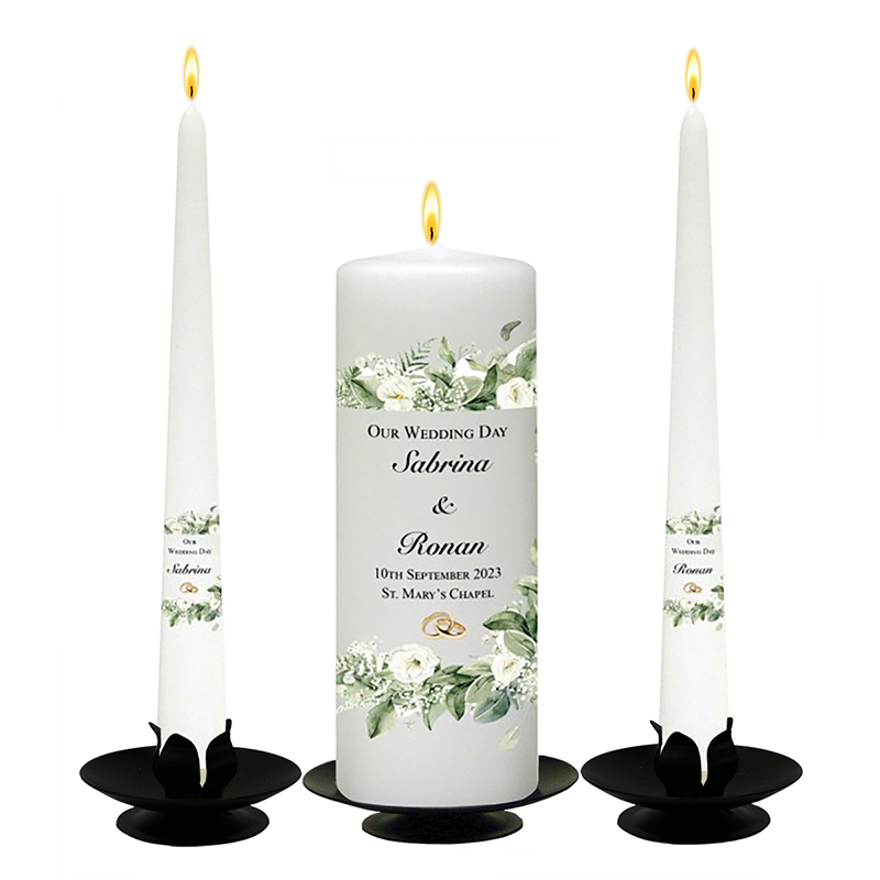 Personalised Wedding Candles - Green & White Flower Corner Gold Rings