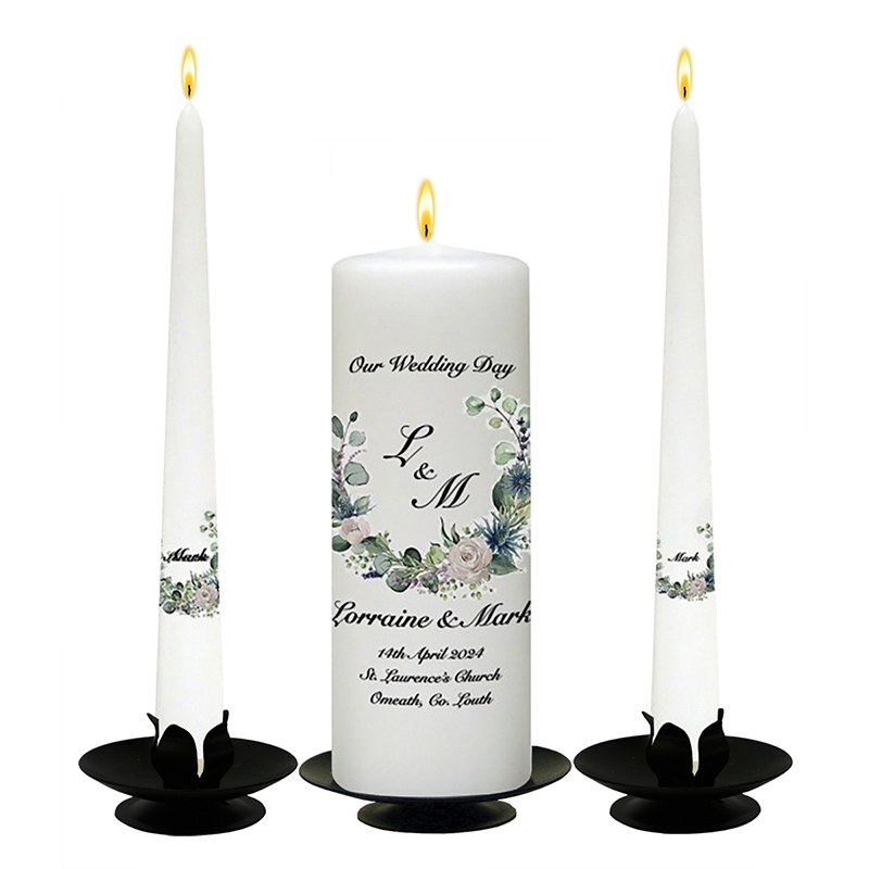 Personalised Wedding Candles - Green & White Flower Circle Black Script