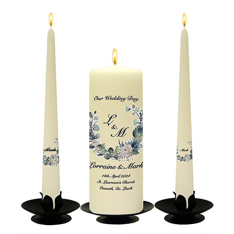 Personalised Wedding Candles - Green & White Flower Circle Black Script
