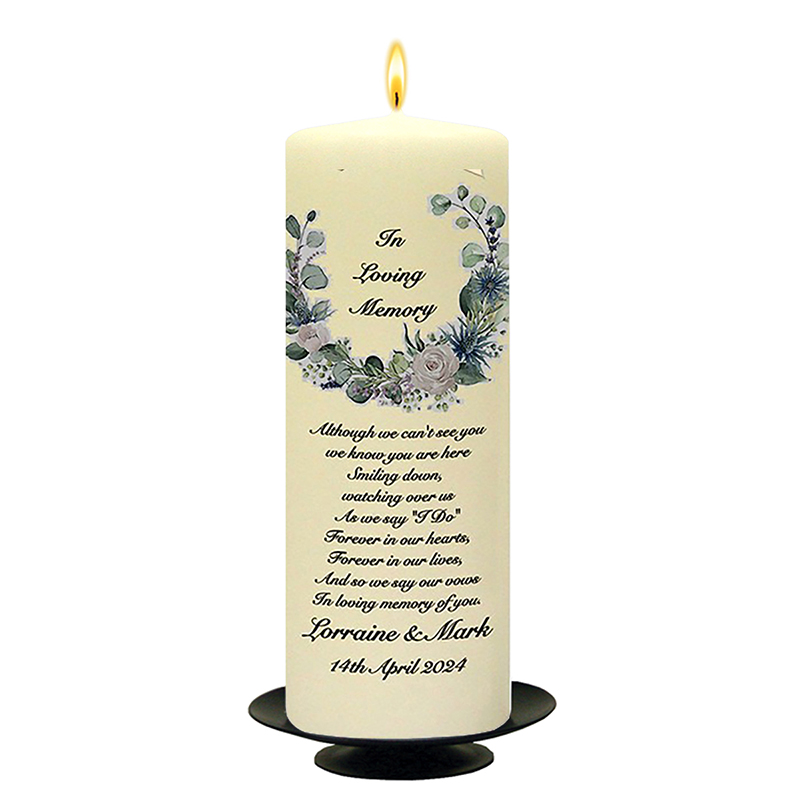 Personalised Wedding Remembrance Candle - Green & White Flower Circle Black Script