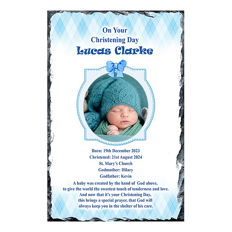 Personalised Boy Christening Slate Gift - Teddy & Chair Blue with Photo