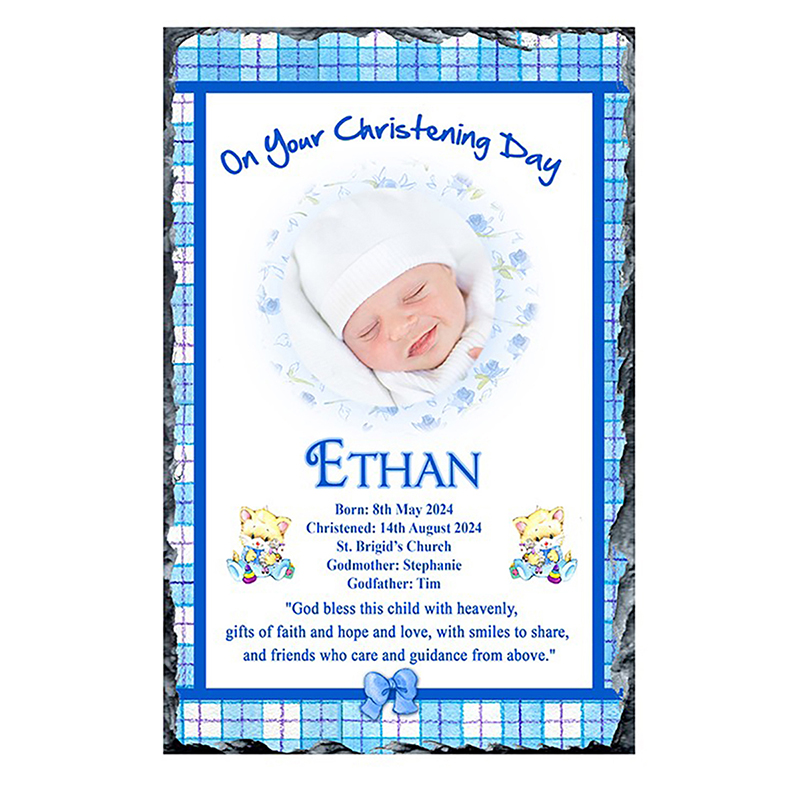 Personalised Boy Christening Slate Gift - Kitten & Pink Bows with PhotoKitten & Blue Bows with Photo