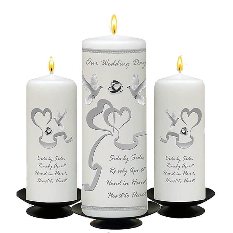 Personalised Wedding Candles - Two Hearts & Doves Silver Set (1 x 9 inch & 2 x 6 inch Candles)