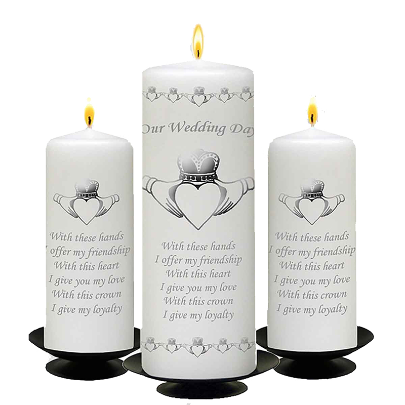 Personalised Wedding Candles - Claddagh heart Silver Set (1 x 9 inch & 2 x 6 inch Candles)